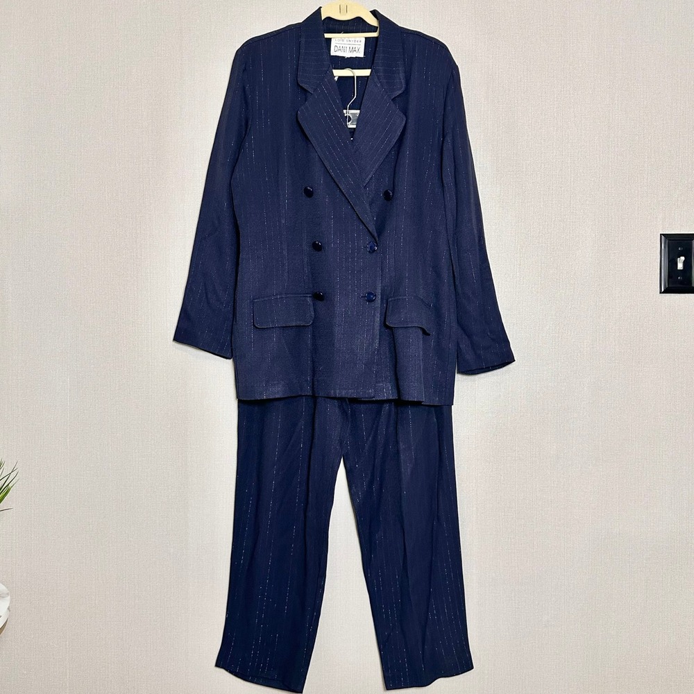 Vintage 90s Navy Blue Pinstripe Double Breasted Pant Suit Set Size 14 Power Suit